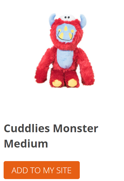 A red stuffed animal with blue eyes<br><br>Description automatically generated